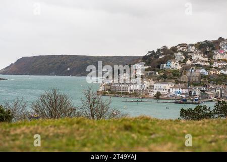 Blick auf die Stadt Salcombe von Snapes Point an einem ruhigen Wintertag im November mit den Häusern von Salcombe auf dem Hügel mit Gras im Vordergrund. Stockfoto