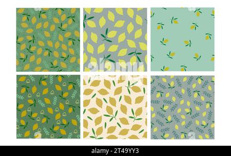 Vektorsatz von nahtlosen Mustern mit Zitronen, Küchennahrungsmuster in grünen und beigen Farben. Saftiges Muster. Vektorabbildung Stock Vektor