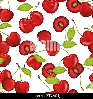 Nahtloses Aquarellmuster mit saftigen, lebendigen Kirschen. Ideal für Küchendekoration, Rezepte, Textilien, Marmelade Etiketten, Schürzen, Verpackung, Säfte Stockfoto