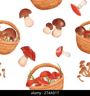 Nahtloses Waldmuster. Ernte verschiedener Pilze. Körbe gefüllt mit Waldschätzen. Essbare Penny Brötchen und leckere Stachelpilze Stockfoto