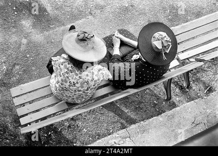 Hochwinkelansicht von zwei Frauen in bedruckten Kleidern und großen Strohhüten, die auf einer Parkbank sitzen, Washington, D.C., USA, David Myers, U.S. Farm Security Administration, 1939 Stockfoto