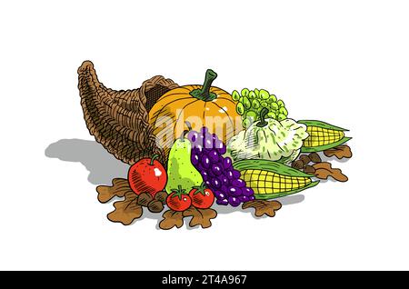 Herbst-Kornukopie (Horn des Plusses) mit Kürbissen Thanksgiving Vektor Illustration Stock Vektor