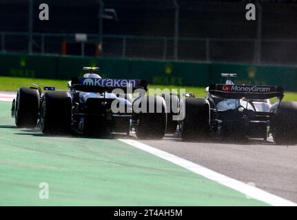 Mexiko-Stadt, Mexiko. Oktober 2023. Mexiko-Stadt, Mexiko. Oktober 2023. 02 SARGEANT Logan (usa), Williams Racing FW45, 20 MAGNUSSEN Kevin (den), Haas F1 Team VF-23 Ferrari, Aktion beim Formel 1 Grand Premio de la Ciudad de Mexico 2023, 19. Runde der Formel 1 Weltmeisterschaft 2023 vom 27. Bis 29. Oktober 2023 auf dem Autodromo Hermanos Rodriguez, in Mexico City, Mexiko - Foto DPPI Credit: DPPI Media/Alamy Live News Stockfoto