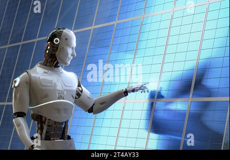 Smart Energy Concept 3D-Rendering-Roboter arbeiten mit Solarpaneelen Stockfoto