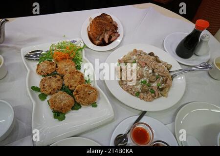 Verschiedene chinesische Gerichte - Schweinenudel mit schwarzer Sojasauce, serviert mit frittiertem Fischkuchen und gebratener Honigente Stockfoto