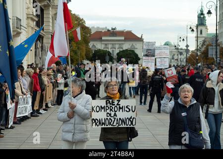 Warschau, Polen. Oktober 2023. Mehrere Dutzend Menschen werden am 29. Oktober 2023 bei einer regierungsfeindlichen Kundgebung vor dem Präsidentenpalast in Warschau, Polen, gesehen. Die Demonstranten werfen der von Gesetz und Justiz geführten Regierung vor, ihre Befugnisse zu überschreiten und die Demokratie zurückzudrängen. (Foto: Jaap Arriens/SIPA USA) Credit: SIPA USA/Alamy Live News Stockfoto