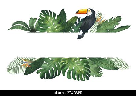 Aquarellillustrationsbanner, Rahmen oder Vorlage Komposition von tropischen Monsterablättern und Vogeltukan. Grüne tropische Pflanzen, handgezeichnet, isoliert Stockfoto