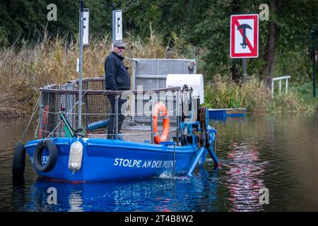 Stolpe, Deutschland. Oktober 2023. Der Fährmann Ulf Radicke fährt mit der kleinen Passagierfähre über die Peene. Von März bis Oktober können Wanderer und Radfahrer die 100 Meter des Flusses überqueren. Die nun zu Ende gehende Saison könnte jedoch ihre letzte sein – die einzige Fußgängerfähre zwischen Anklam und Jarmen ist wegen fehlender finanzieller Unterstützung durch den Bezirk von der Schließung bedroht. Die Gemeinde hat daher eine Kampagne zur Rettung der Fähre gestartet. Jetzt werden 2.000 Unterschriften bis zur bezirksratssitzung Mitte November gesammelt, um Credit: dpa/Alamy Live News einzureichen Stockfoto