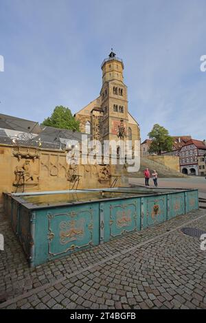 Marktbrunnen, Fischbrunnen mit St. Michaelskirche, Boxbrunnen, Marktplatz, Schwäbischer Saal, Franken, Baden-Württemberg, Deutschland Stockfoto