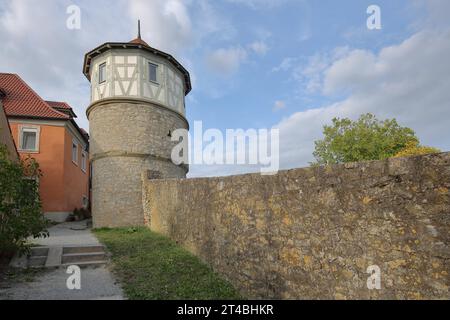 Historischer Turm und Stadtmauer, Mauerturm, Stadtbefestigung, östliche Stadtmauer, Dettelbach, Niederfranken, Franken, Bayern, Deutschland Stockfoto