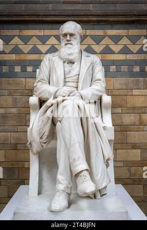 Naturforscher Sir Charles Darwin, Skulptur von Sir Joseph Boehm, Eingangshalle, Natural History Museum oder Museum of Natural History, Kensington, London Stockfoto