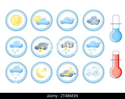 Wettersymbol gesetzt. Zeichentrick-Wettersymbole mit Sonne, Bewölkung, Regen, Gewitter, Wind, Schnee, Wolke, Halbmond. Sammlung von niedlichen Hochglanzschildern für Web, f Stockfoto