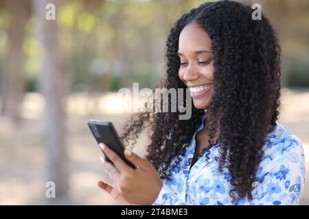 Glückliche schwarze Frau, die ihr Handy lächelt und in einem Park läuft Stockfoto