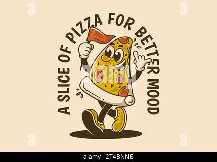 Ein Stück Pizza für bessere Stimmung. Vintage Maskottchen Figur Illustration von Walking Pizza mit einer Flagge Stock Vektor