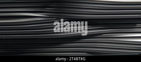 Metallkurvengeometrie mit dunklem Hintergrund, monochrom. Luxuriöser Hintergrund mit abstrakter Welle. Kurviger Strahl. 3D-Abbildung. Stockfoto