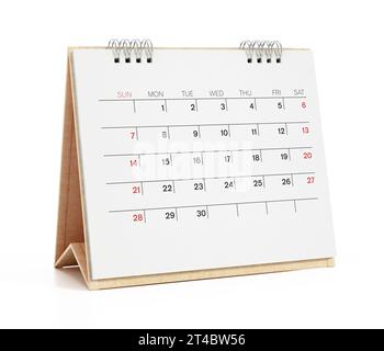 Desktop-Kalender isoliert auf weißem Hintergrund. 3D-Abbildung. Stockfoto