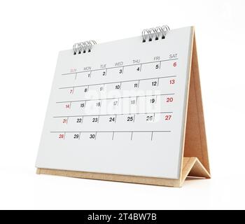 Desktop-Kalender isoliert auf weißem Hintergrund. 3D-Abbildung. Stockfoto