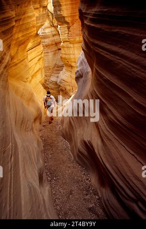 Ein Mann wandert durch einen engen Wüstenschlucht. Stockfoto