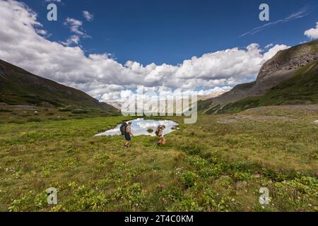 Ein Paar wandert durch ein Feld mit einem kleinen Teich in den Bergen mit Rucksäcken. Stockfoto