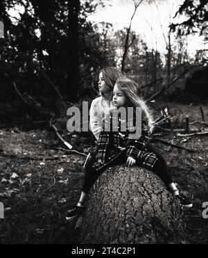 Schöne junge Schwestern, die im Wald sitzen Stockfoto