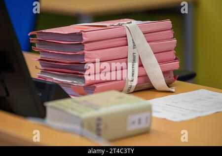 Trier, Deutschland. 30. Oktober 2023. Gerichtsakten und eine Strafprozessordnung liegen am Richtertisch des Landgerichts Trier für den Prozess wegen Mordes an einem Arzt. Quelle: Harald Tittel/dpa/Alamy Live News Stockfoto