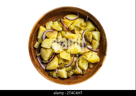 Schüssel warmer Kartoffelsalat mit Speck, deutscher Kartoffelsalat. Isoliert auf weißem Hintergrund Stockfoto