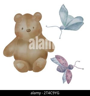 Weiches Spielzeug für Baby-Aquarellillustration isoliert auf weißem Hintergrund. Handgezeichneter Plüschbär und Schmetterling. Teddybär in neutralen Farben. Niedlicher Bär Stockfoto