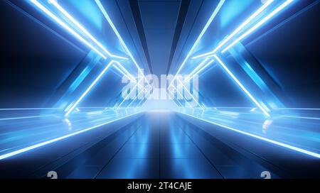 Korridortunnel des Raumfahrtschiffes, leuchtende futuristische Paneele in blauer Farbe, Metallwände reflektieren Licht. Podiumsplatz auf dem langen Weg. 3D-Rendering Stockfoto