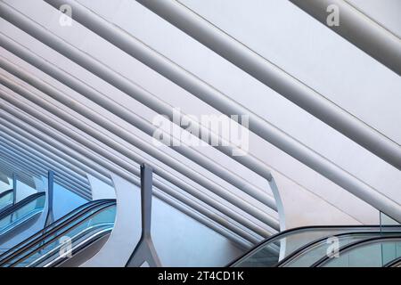 Bahnhof Lüttich-Guillemins im modernen Industriestil, Rolltreppen im Bahnhof, Belgien, Wallonie, Luettich Stockfoto