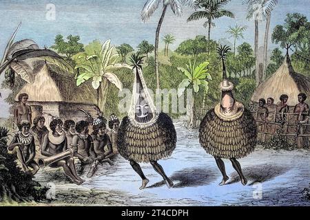 Tanz der Duck-Ducks auf den Inseln des New Britannia Archipels, heute Teil der Inselregion von Papua-Neuguinea, Reproduktion eines Holzschnitts von 1882, digital verbessert / Tanz der Enten auf den Inseln des New Britannia Archipels, heute Teil der Inselregion von Papua-Neuguinea, Reproduktion eines Holzschnitts aus dem Jahr 1882, digital verbessert Stockfoto