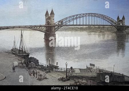 Digital restauriert, Kupferstich der Rheinbrücke bei Bonn, Deutschland, Veröffentlichung aus dem Jahr 1882 / Digital improved:, Gravur der Rheinbrücke bei Bonn, Deutschland, Publikation aus dem Jahr 1882 Stockfoto