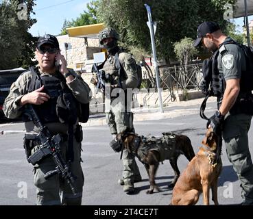 Ost-Jerusalem, Israel. 30. Oktober 2023. Israelische Grenzpolizisten stehen in der Nähe des Ortes eines Terroranschlags in Ost-Jerusalem, nachdem eine palästinensische Grenzpolizei am Montag, dem 30. Oktober 2023, schwer erstochen wurde. Die Spannungen sind hoch, da der israelisch-Gaza-Krieg beginnt und die dritte Woche beginnt. Foto: Debbie Hill/ Credit: UPI/Alamy Live News Stockfoto