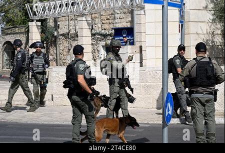 Ost-Jerusalem, Israel. 30. Oktober 2023. Israelische Grenzpolizisten werden in der Nähe des Ortes eines Terroranschlags in Ost-Jerusalem gesehen, nachdem eine palästinensische Grenzpolizei am Montag, dem 30. Oktober 2023, schwer erstochen wurde. Die Spannungen sind hoch, da der israelisch-Gaza-Krieg beginnt und die dritte Woche beginnt. Foto: Debbie Hill/ Credit: UPI/Alamy Live News Stockfoto