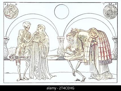 Digital restauriert, der Tod bringt Mönche und Priester, Illustration aus dem Berner Totentanz von Nikolaus Manuel German, Veröffentlichung aus dem Jahr 1882 / Digital improved:, der Tod bringt Mönche und Priester, Illustration aus dem Berner Totentanz von Nikolaus Manuel German, Publikation aus dem Jahr 1882 Stockfoto