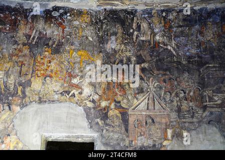 Höhle Nr. 17. Simhala Jataka: Eine der Erzählszenen aus Simhala, dem reichen Kaufmann, Jataka. Ajanta Caves, Aurangabad, Maharashtra, Indien Stockfoto