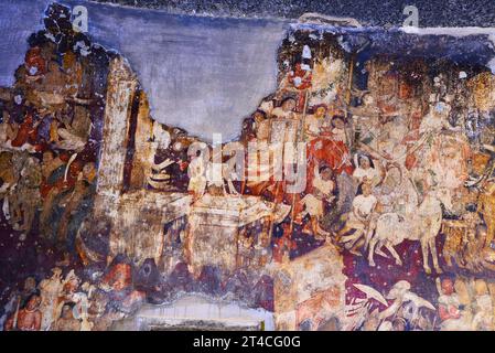 Höhle Nr. 17. Simhala Jataka: Ein Teil der gesamten Tafel der Simhala-Geschichte. Ajanta Caves, Aurangabad, Maharashtra, Indien Stockfoto