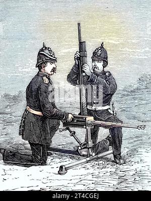 Gardner Gun war ein frühes mechanisches Maschinengewehr, das von den englischen Streitkräften im Sudan eingesetzt wurde, digitale verbesserte Reproduktion einer Veröffentlichung aus dem Jahr 1880, die tragbare Gardner Kugelspritze, angewendet von englischen Truppen bei den Gefechten im Sudan, digitale verbesserte Reproduktion aus einer Veröffentlichung aus dem Jahr 1880 Stockfoto