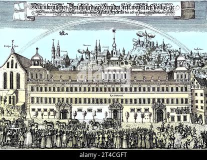 Das Nürnberger Friedensfest im Jahr 1650, nach dem Dreißigjährigen Krieg und dem Westfälischen Frieden. Nürnberger Friedensfest, 1650. Der Nürnberger Exekutionstag oder Friedensexekutionskongress diente der Klärung von Fragen, die bei der Beendigung des Dreißigjährigen Krieges durch den Westfälischen Frieden offenbleibende waren, digitale verbesserte Reproduktion aus einer Publikation aus dem Jahr 1880 / das Nürnberger Friedensfest 1650, nach dem Dreißigjährigen Krieg und dem Westfälischen Frieden. Nürnberger Friedensfest, 1650. Der Nürnberger Exekutionstag oder Friedensexekutionskongress di Stockfoto