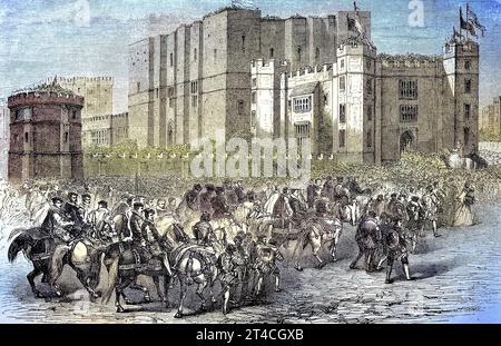 Elisabeth I., 1533 - 1603, Krieg vom 17. November 1558 bis zu ihrem Tod Königin von England und Irland. Manchmal auch The Virgin Queen, Gloriana oder Good Queen Bess genannt, war die kinderlose Elizabeth die letzte Monarchin der Tudor-Dynastie., Besuch von Kenilworth Castle in der gleichnamigen Stadt in Warwickshire, England, Reproduktion eines Holzschnitts aus dem Jahr 1880, digital verbessert / Elizabeth I., 1533 - 1603, war Königin von England und Irland vom 17. November 1558 bis zu ihrem Tod. Manchmal als Jungfrau Königin, Gloriana oder gute Königin Bess bezeichnet, war die kinderlose Elisabeth die letzte Stockfoto