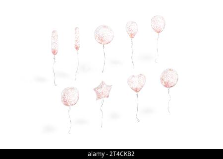 Weißer transparenter Ballon mit Konfetti-Modell, verschiedene Formen, 3D-Rendering. Leere Luftballons mit Confeti-Mock-Up, isoliert, s Stockfoto