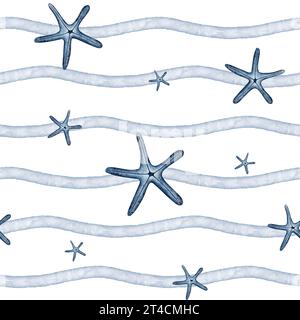 Niedlicher Seestern in blauer Farbe, nahtloses Muster. Unterwassertier. Aquarellhintergrund. Handgezeichnete Illustration Seestern für Stoff, Tapeten Stockfoto