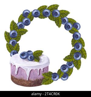 Runder Kranzrahmen Blaubeeren, Beeren und Blätter. Kuchen Heidelbeerdessert. Handgezeichnete Aquarellillustration isolierter Hintergrund. Vorlage für Stockfoto