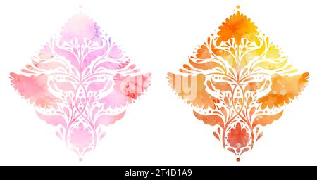 Vektorsatz der Aquarellillustration der Blumenanordnung. Sammlung von ClipArt mit symmetrischen Silhouetten von Blumen und Stangen mit Laub Stock Vektor