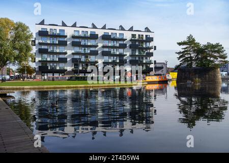 Alte und neue Bauten rund um das Becken des Rochdale-Kanals am Yachthafen New Islington in Ancoats, Manchester Stockfoto