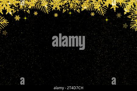 Goldene glitzernde Schneeflocken mit Partikeln auf schwarzem Hintergrund. Weihnachten, Neujahr, Feiertag, Winter, schwarzer Freitag. Kopierbereich Stockfoto