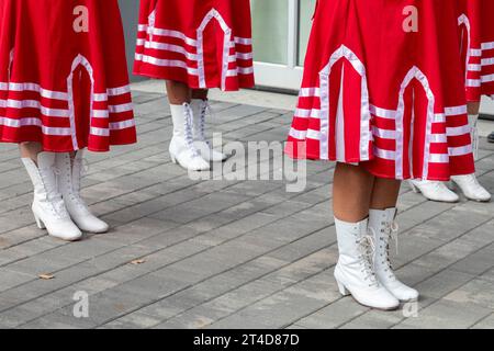 Detroit, Michigan - das Ballet Folklorico Moyocoyani Izel spielt während der Feierlichkeiten zum Tag der Toten im Valade Park am Detroit Riverfront. Stockfoto