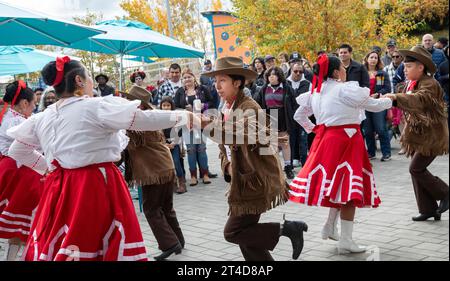 Detroit, Michigan - das Ballet Folklorico Moyocoyani Izel spielt während der Feierlichkeiten zum Tag der Toten im Valade Park am Detroit Riverfront. Stockfoto