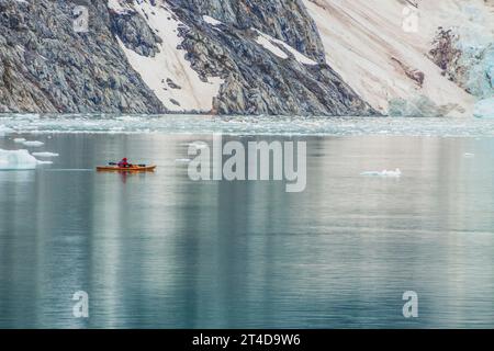 Kajakfahrer und Eisberge in der Nähe des Norwestern Glacier im Northwestern Fjord des Kenai Fjords National Park in Alaska. Stockfoto