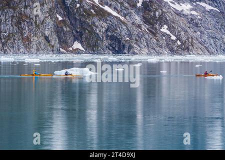 Kajakfahrer und Eisberge in der Nähe des Norwestern Glacier im Northwestern Fjord des Kenai Fjords National Park in Alaska. Stockfoto