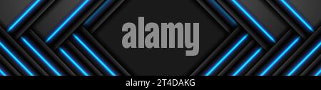 Abstraktes Bannerdesign in Black Tech mit leuchtendem blauem Neonlicht. Konzept moderner futuristischer breiter Hintergrund. Vektorabbildung Stock Vektor
